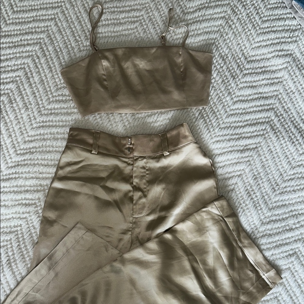 House of Harlow 1960 Gold Satin Wide Leg Pants & Crop Top Set